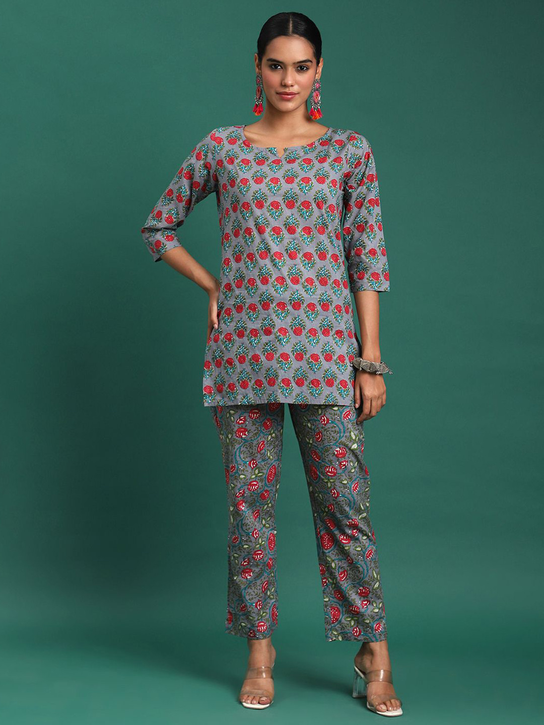 

BANDIA Floral Printed Top With Trouser Co-Ords, Blue
