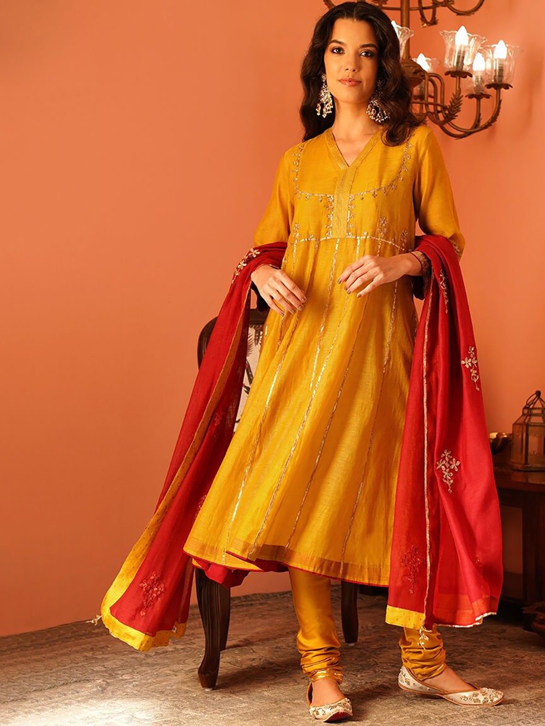 

JAYPORE Floral Embroidered V-Neck Cotton Silk Kurta With Churidar & Camisole, Mustard