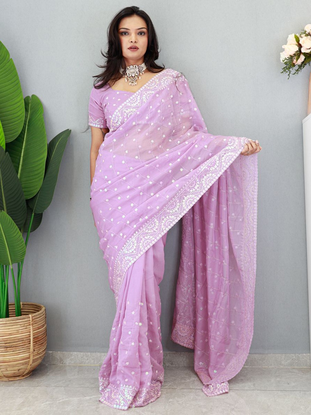 

HERE&NOW Ethnic Motifs Sequinned Saree, Lavender