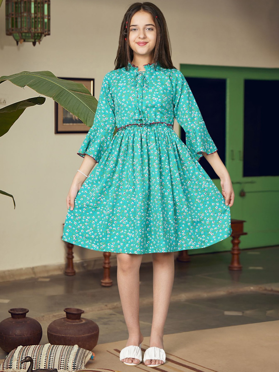 

White World Girls Floral Printed Tie-Up Neck Fit & Flare Dress, Blue