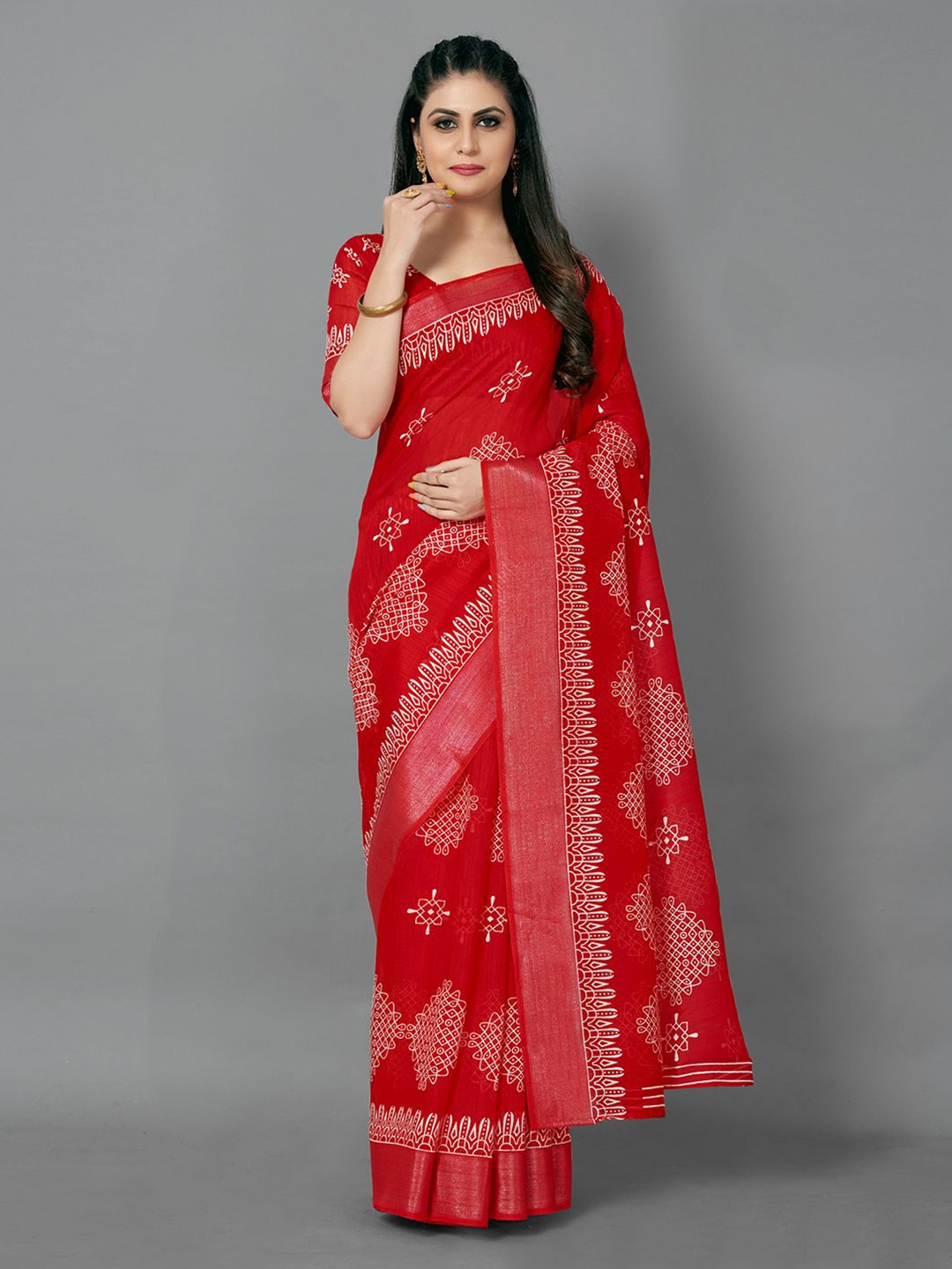 

KALINI Ethnic Motifs Zari Block Print Saree, Red