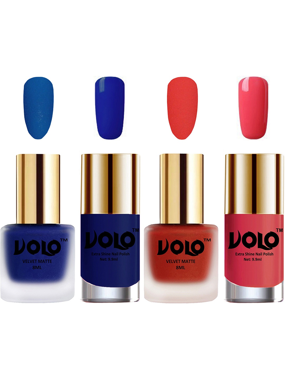 

VOLO Set Of 4 Velvet Matte & Extra Shine Nail Polish-8 ml & 9.9 ml Each Shade 19- 44-66-56, Multi