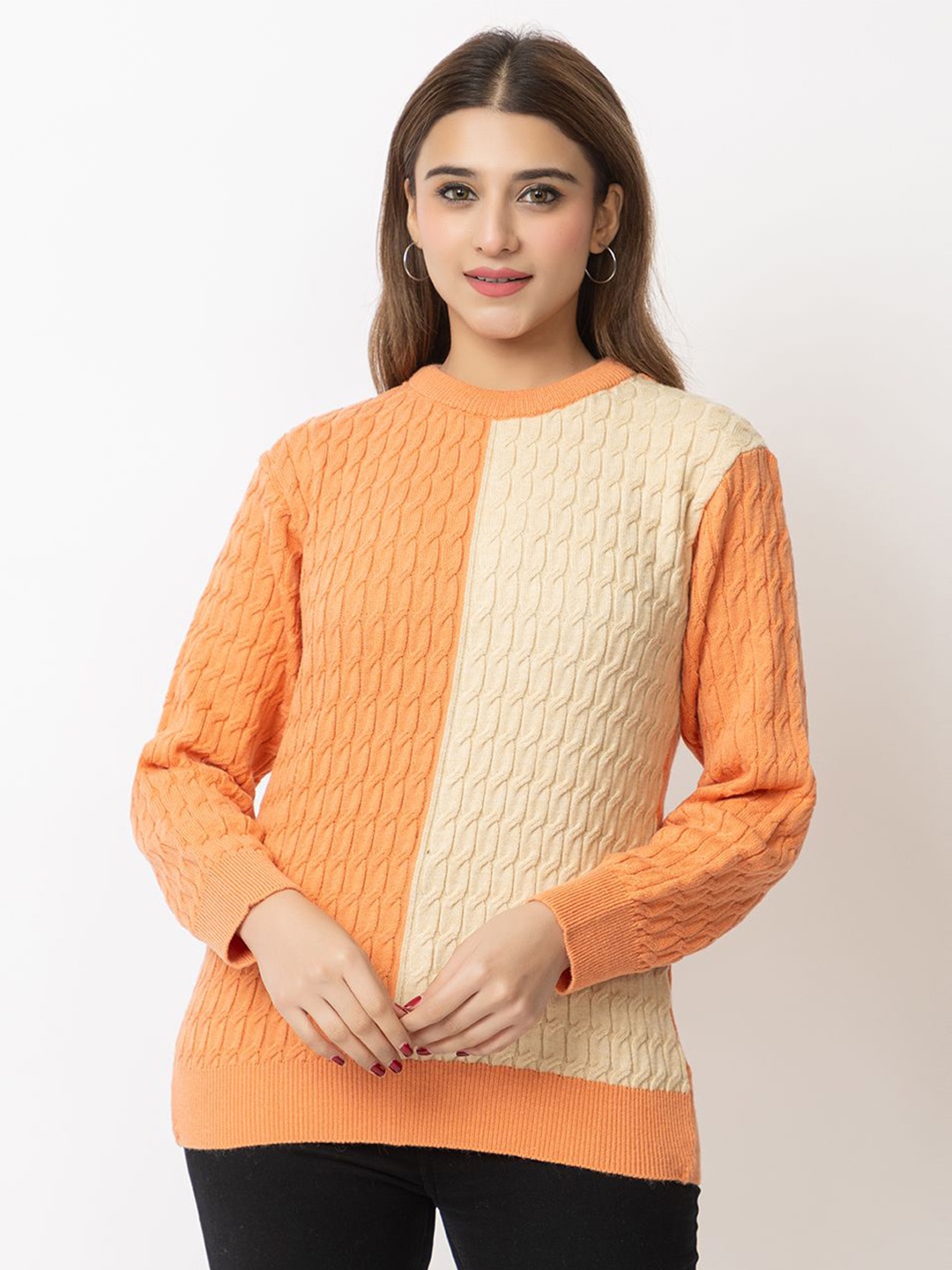 

LEZA Women Colourblocked Pullover with Embroidered Detail, Orange
