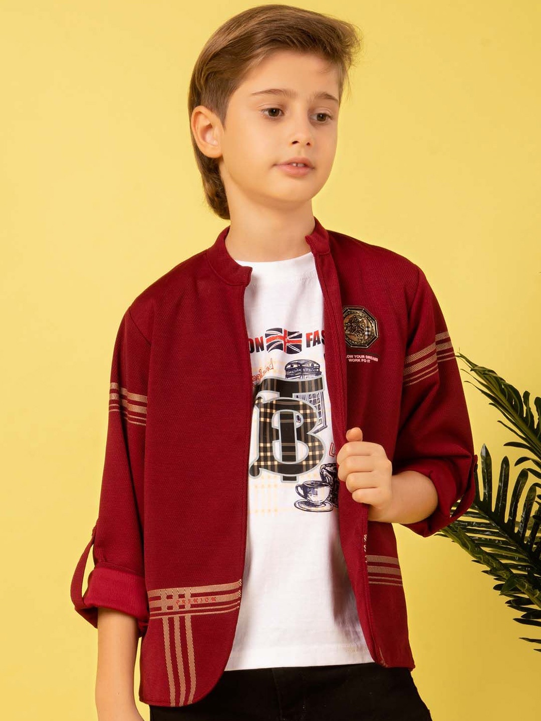

MashUp Boys Classic Band Collar Multi Striped Cotton Casual Shirt, Maroon