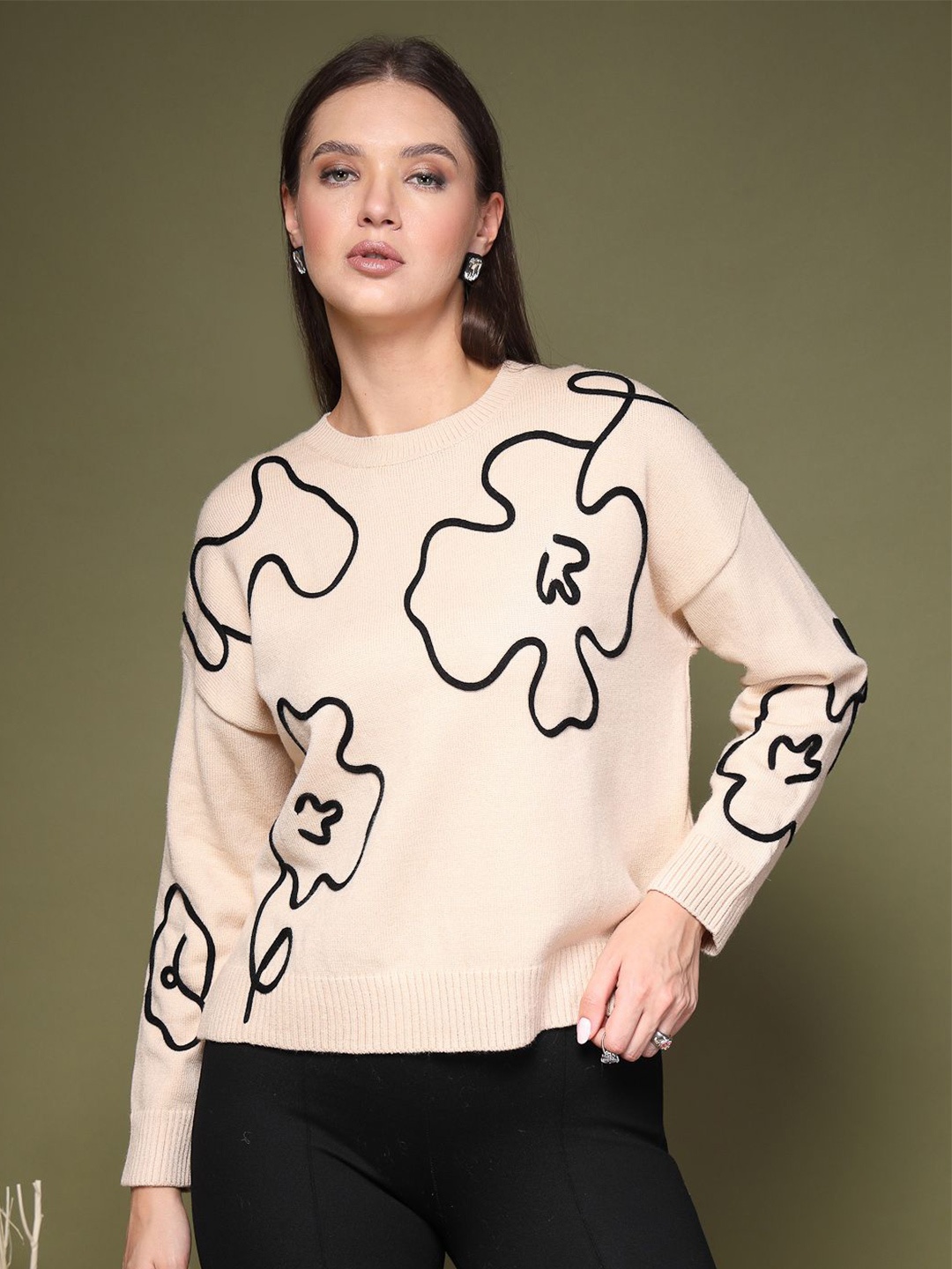 

Mafadeny Women Abstract Printed Pullover Ribbed Sweaters, Off white