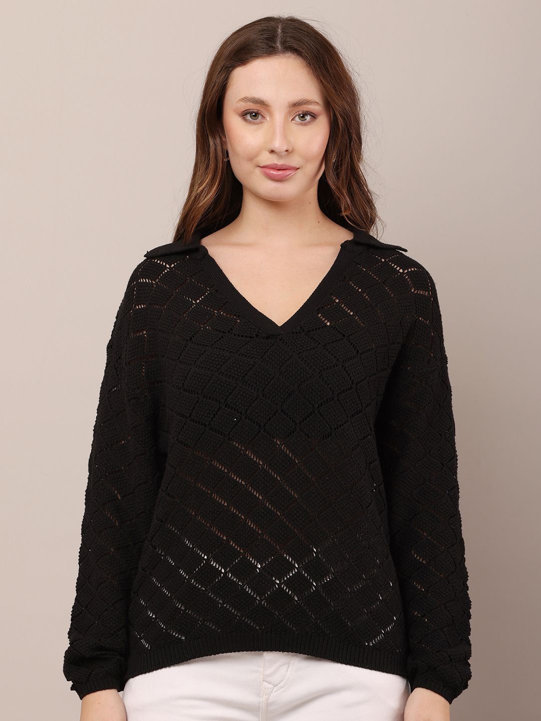 

NoBarr Women Cotton Open Knit Self Design Pullover, Black