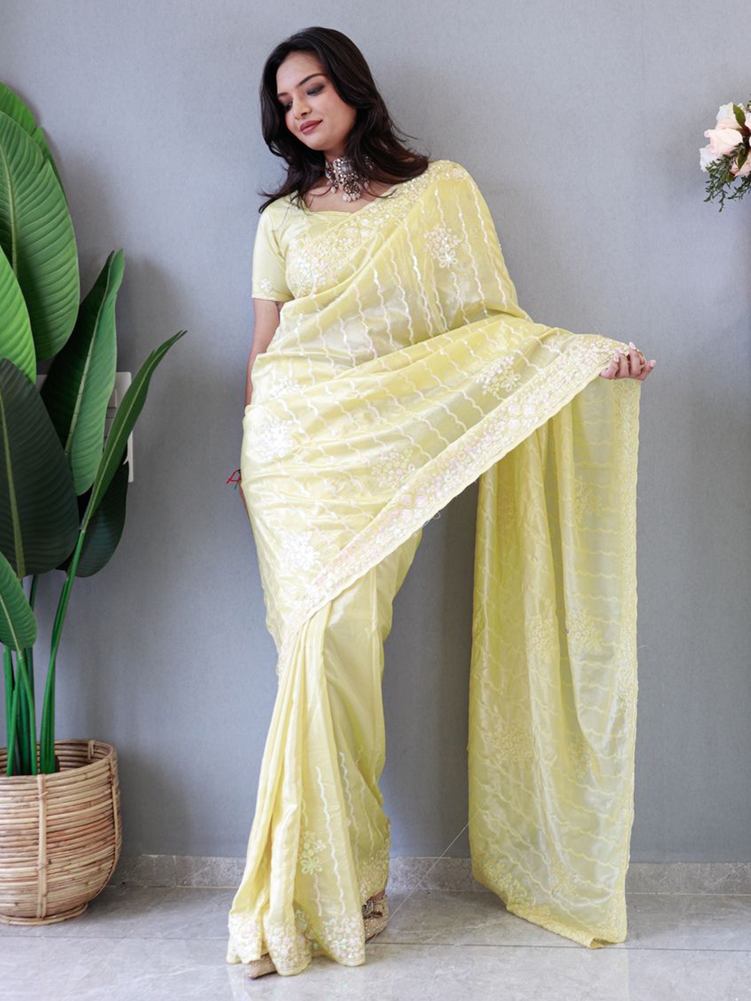 

HERE&NOW Ethnic Motifs Embroidered Sequinned Pure Silk Saree, Yellow