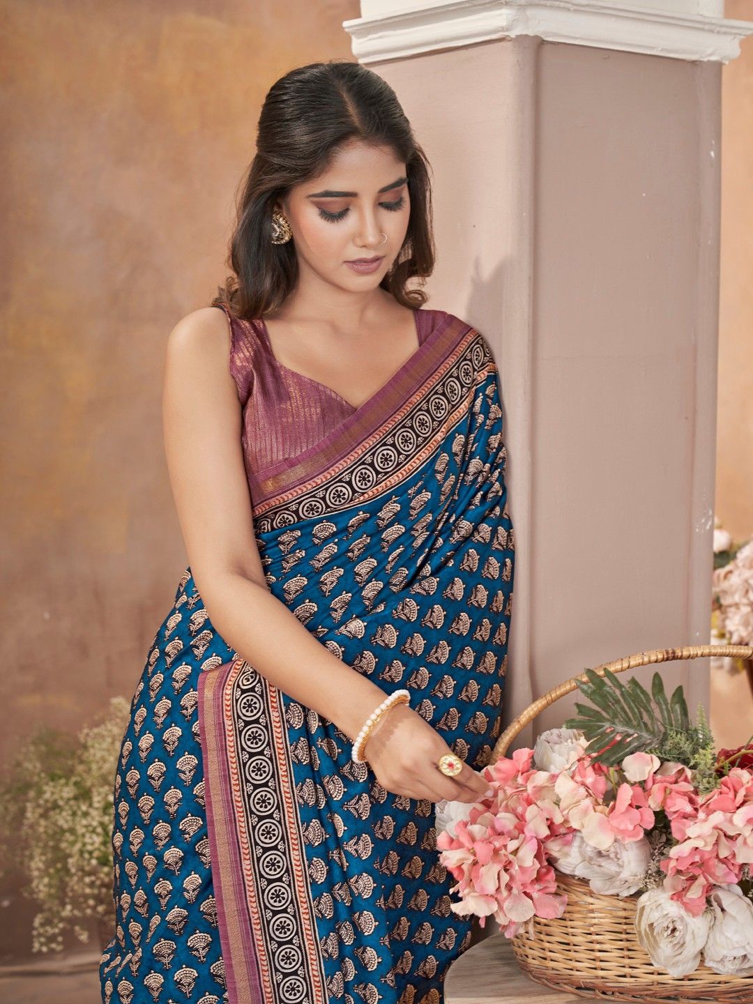 

Mitera Ajrak Printed Pure Silk Saree, Blue