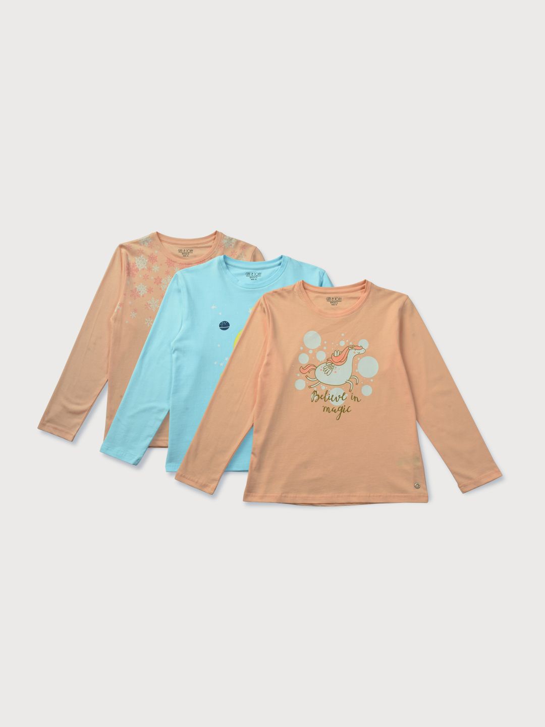 

Gini and Jony Pack of 3 Girls Graphic Printed Round Neck Cotton T-Shirt, Peach