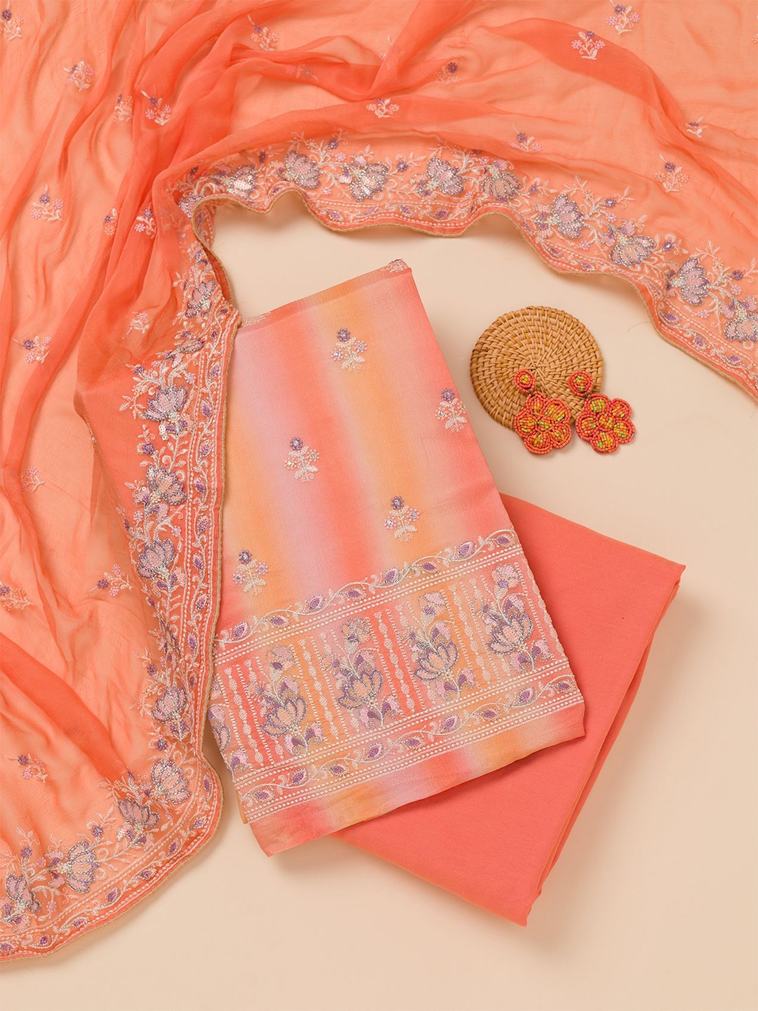 

Koskii Floral Embroidered Unstitched Dress Material, Peach