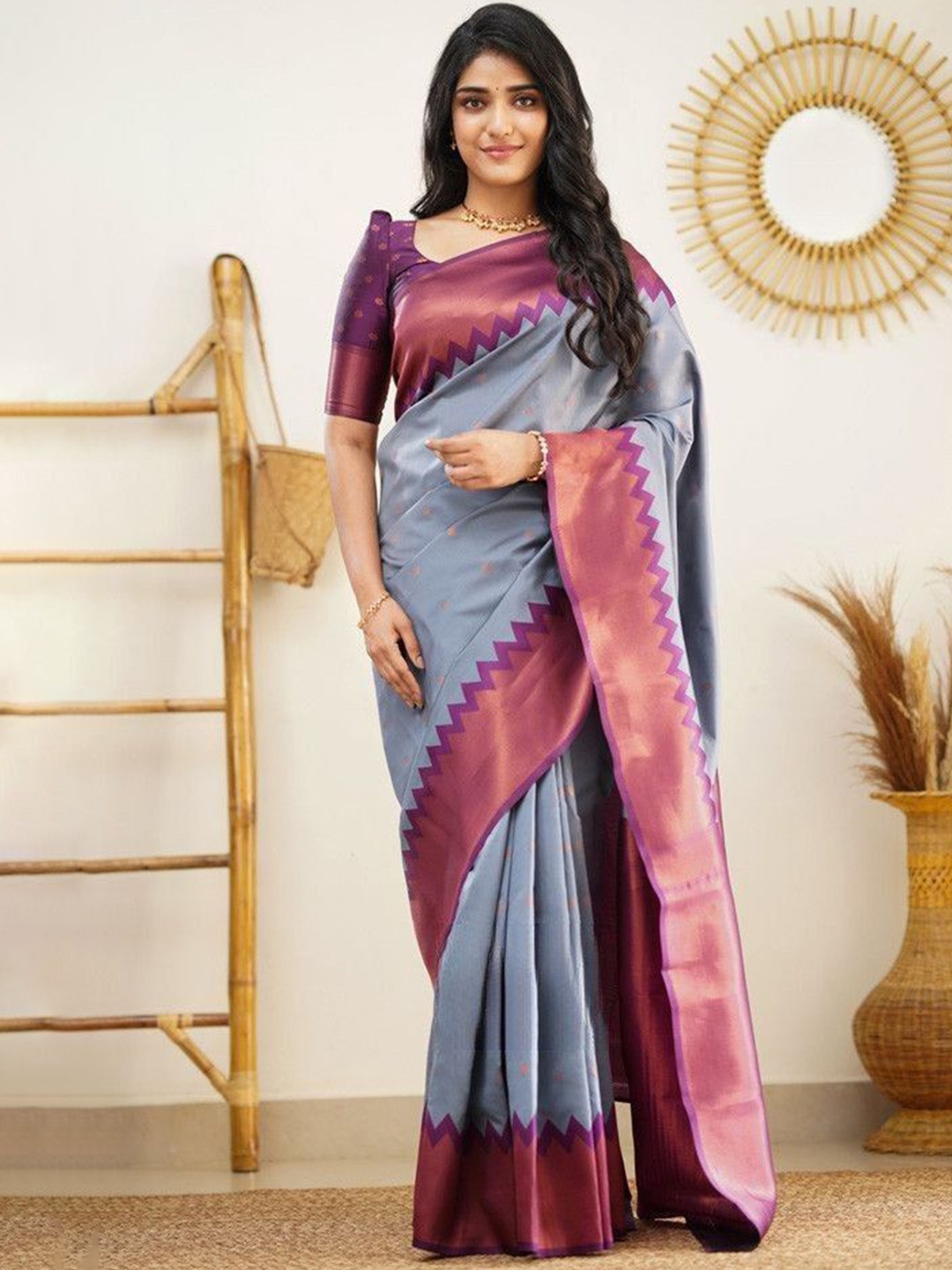 

HANDSEL Woven Design Zari Pure Silk Banarasi Saree, Grey