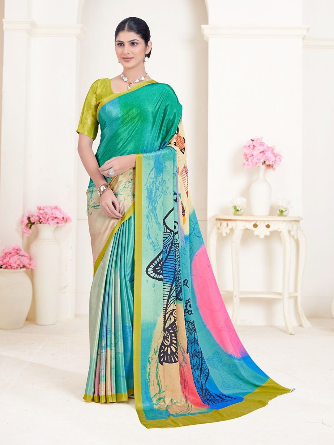 

JIVORA Pure Silk Abstract Printed Saree, Green