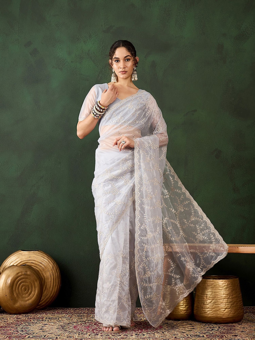 

DIVASTRI Beads and Stones Embellished Embroidered Organza Saree, Silver