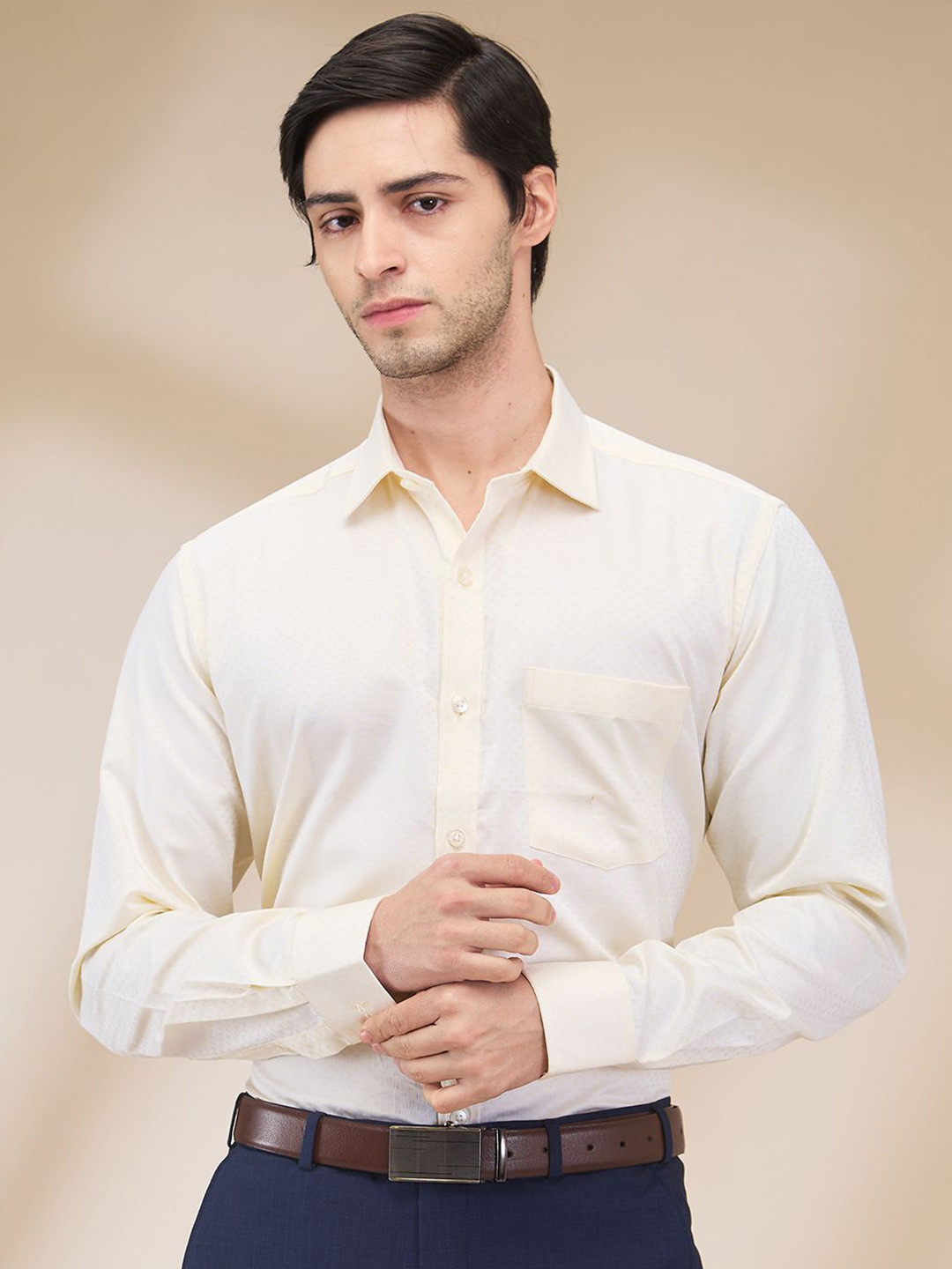 

Park Avenue Men Spread Collar Micro Ditsy Printed Cotton Formal Shirt, Yellow