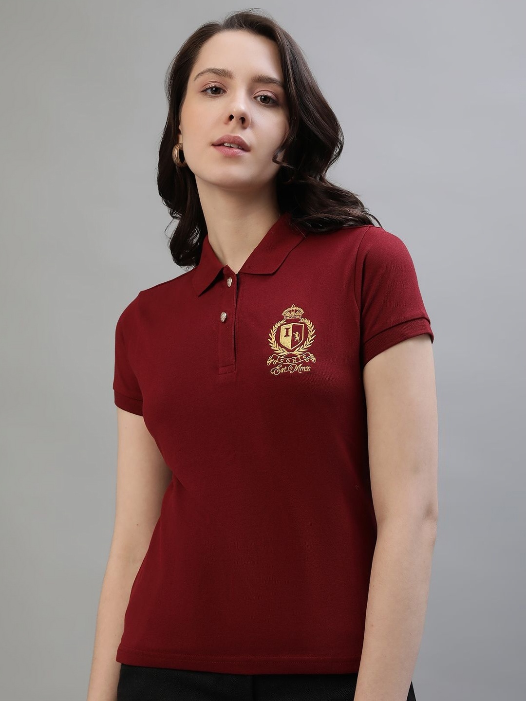 

Iconic Women Solid Polo Collar Cotton Slim Fit T-shirt, Maroon