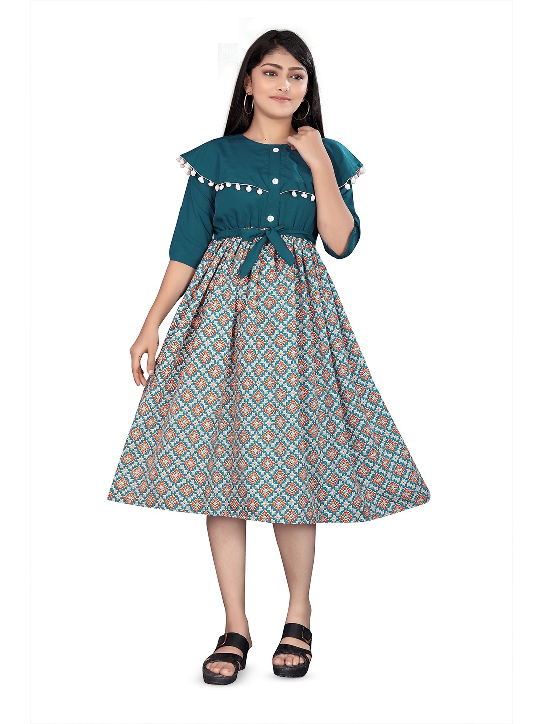 

BAESD Girls Crepe Fit & Flare Solid Cotton Dress, Green