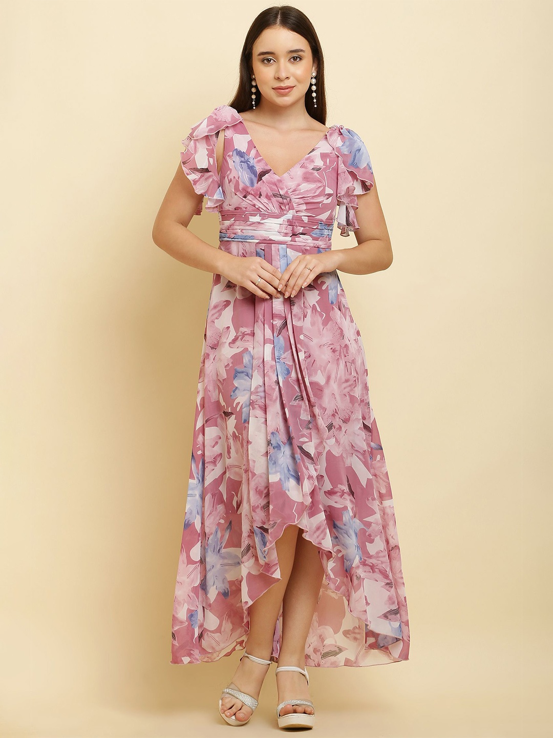 

C4D Women Flared Sleeve Ruffled Midi Dress, Pink