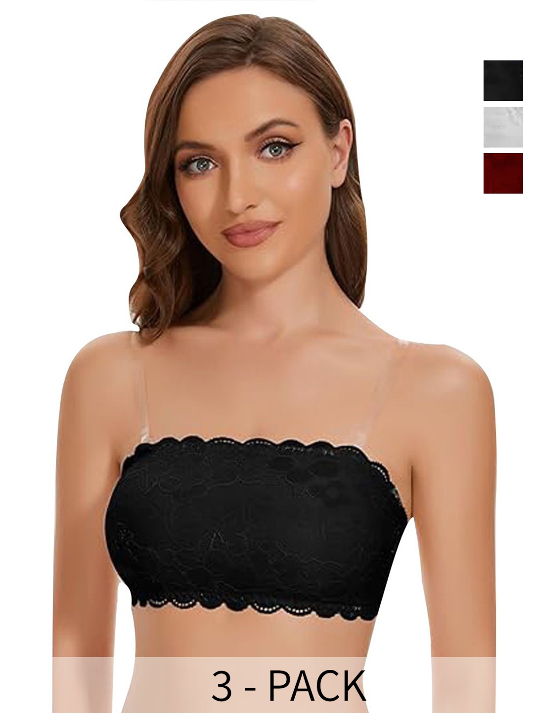 

ComfyStyle Pack of 3 Floral Bandeau Full Coverage Lightly Padded Bra, Black