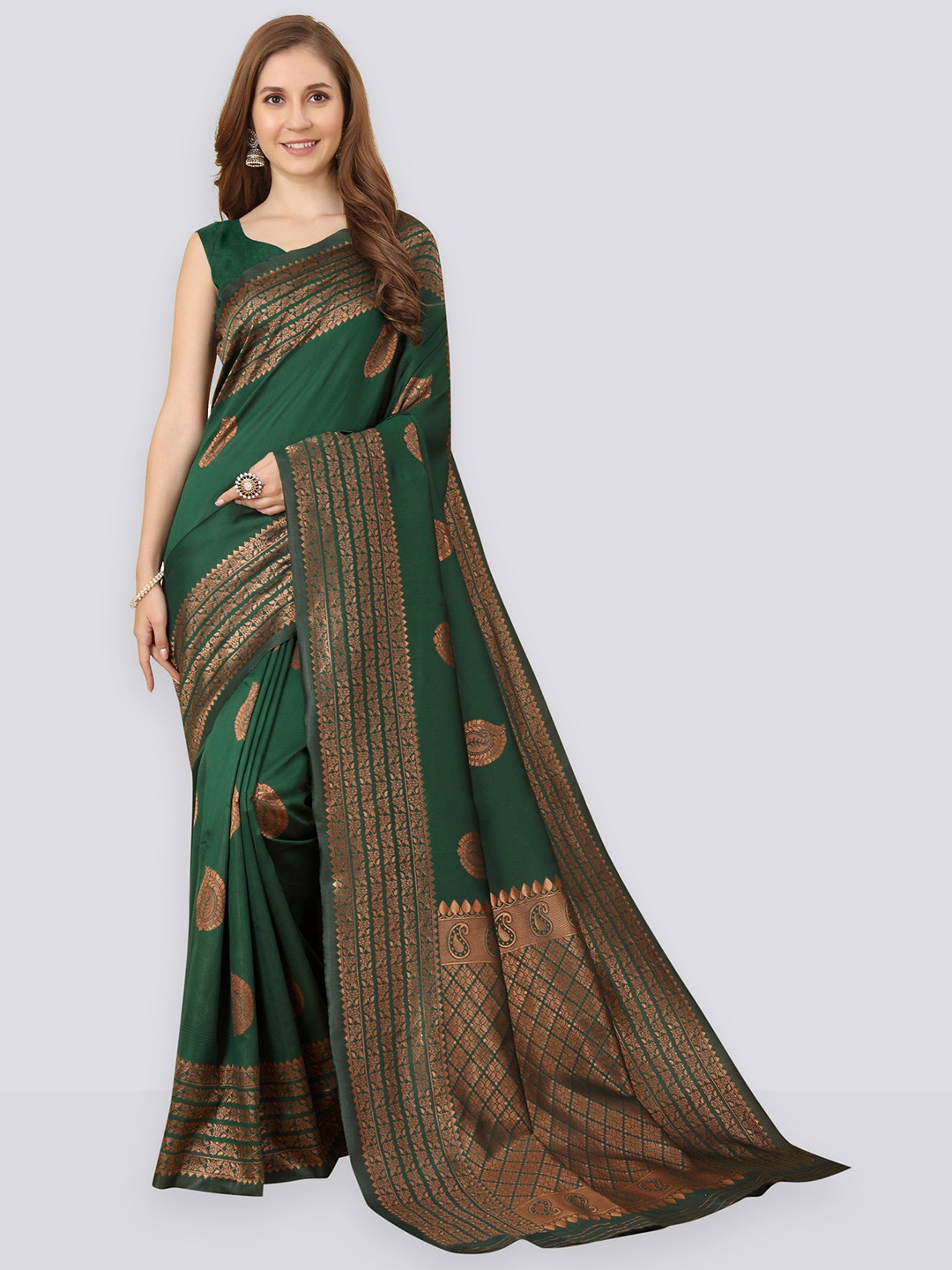 

QENY Ethnic Motifs Woven Design Zari Banarasi Saree, Green