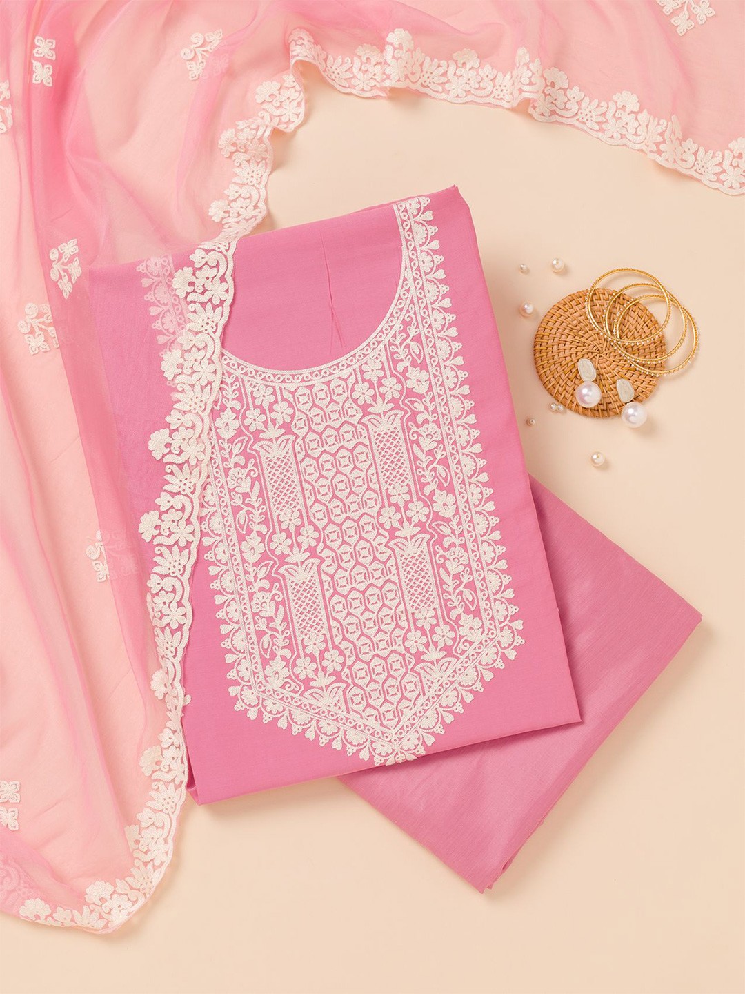 

Koskii Floral Embroidered Unstitched Dress Material, Pink