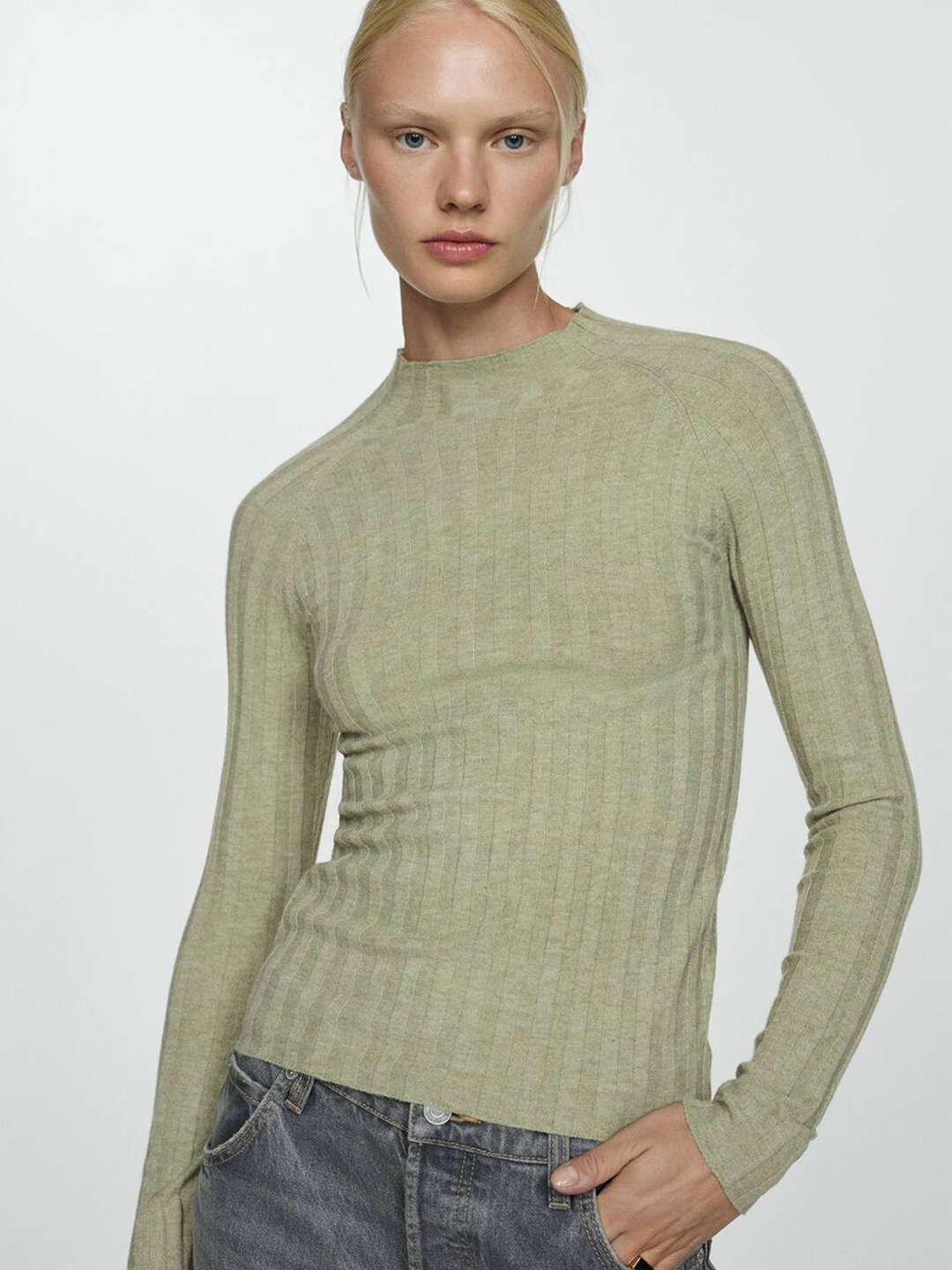 

MANGO Women Ribbed Pullover, Green