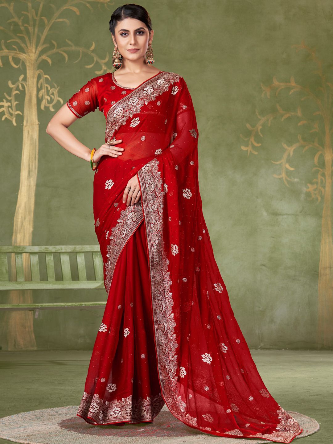 

Mitera Embellished Embroidered Designer Saree With Unstitched Blouse Piece, Red