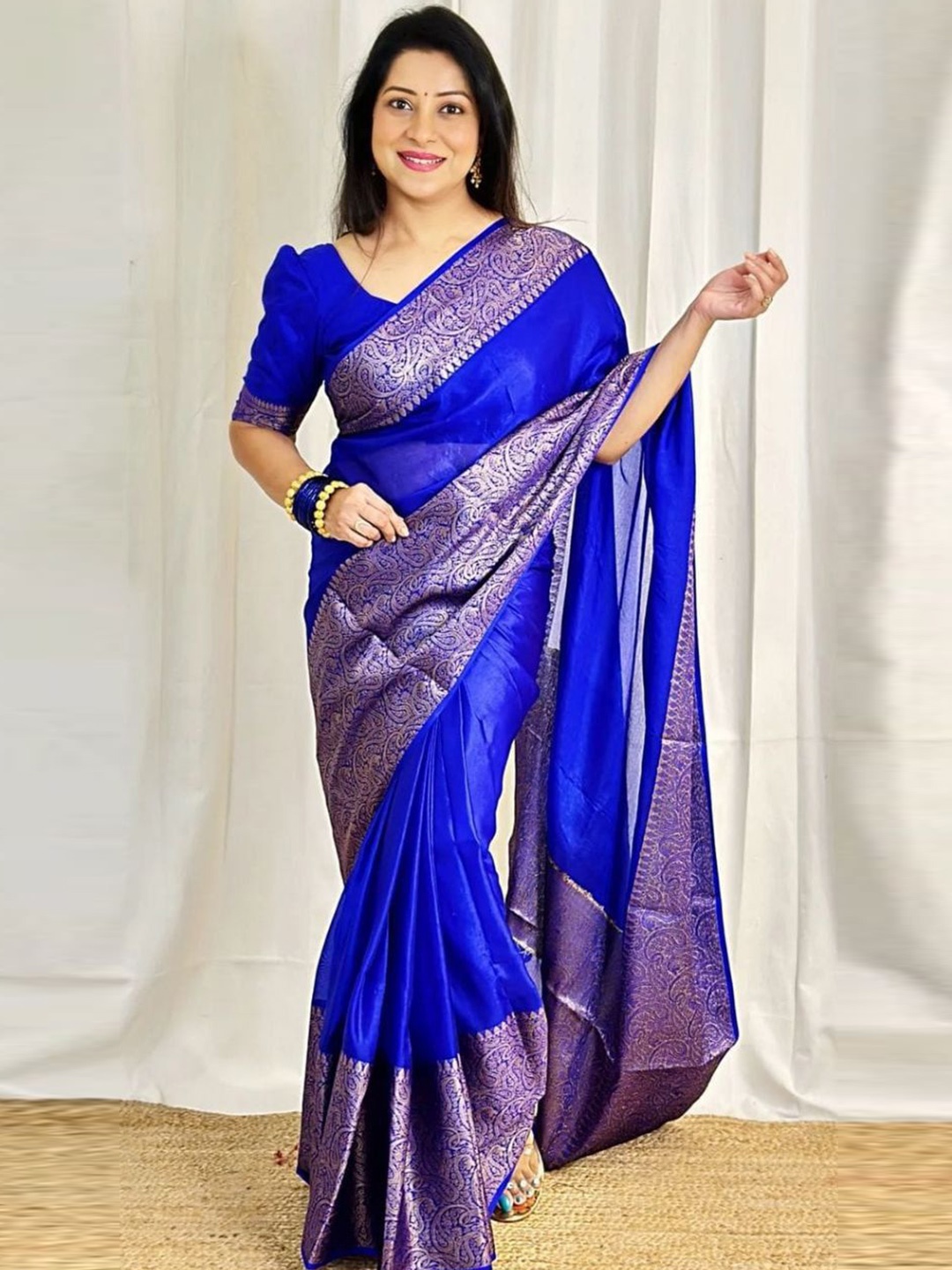 

HANDSEL Woven Design Zari Pure Silk Banarasi Saree, Blue