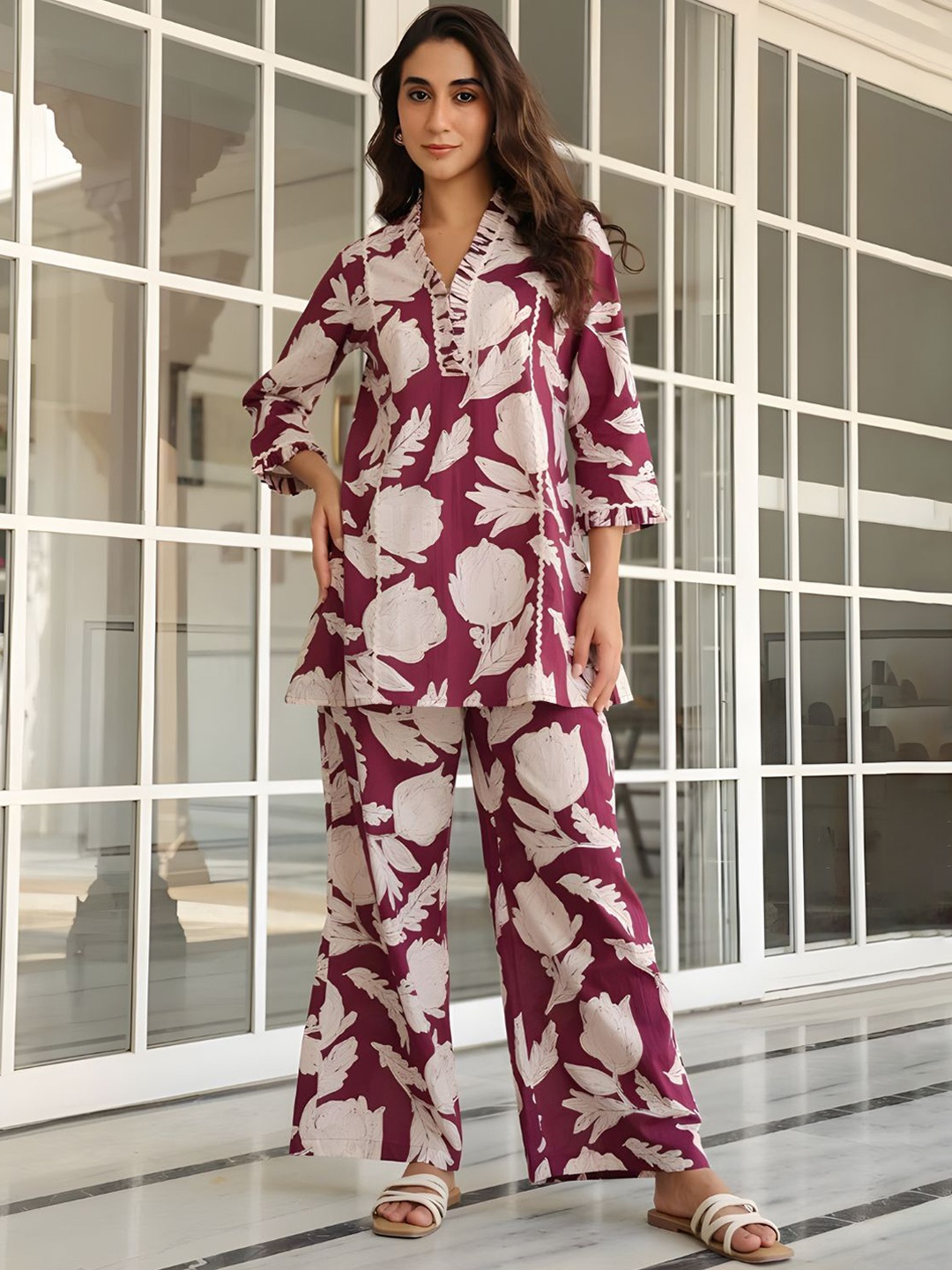 

NIJANAND TEXTILE Printed Pure Cotton Tunic & Palazzo Co-Ord, Maroon