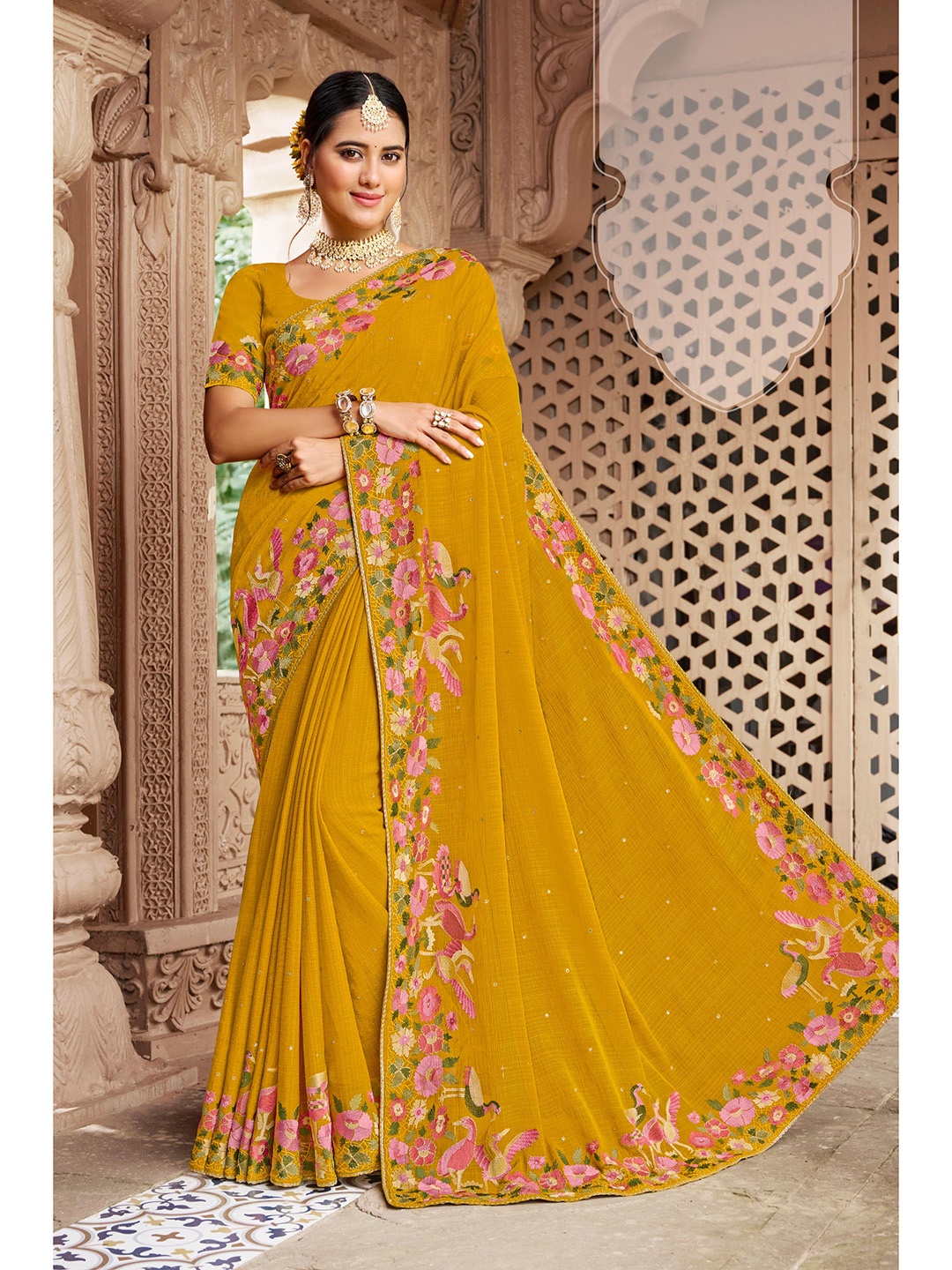 

Laxmipati Embellished Sequinned Embroidered Organza Saree, Mustard