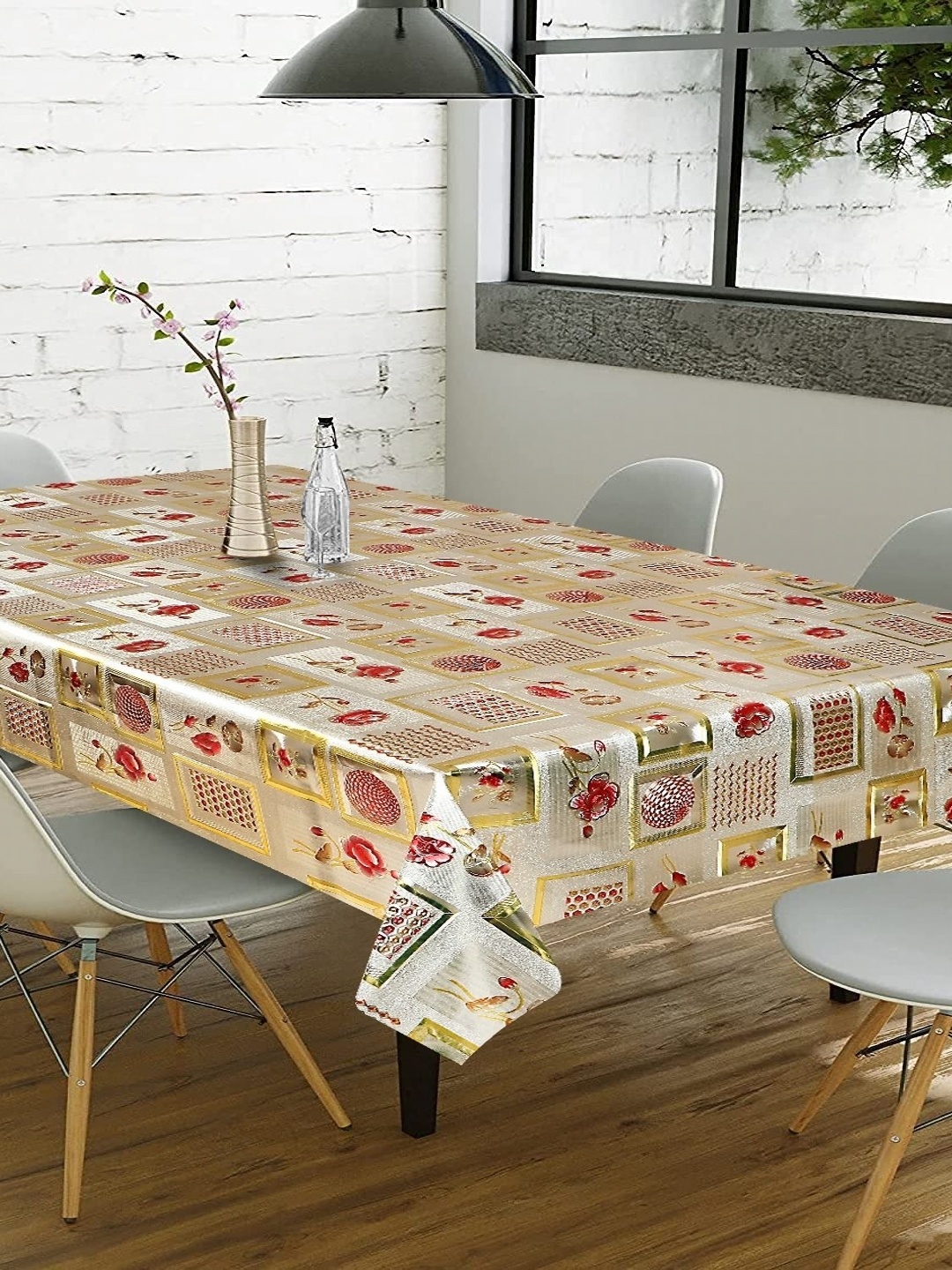 

Dakshya Industries Gold-Toned & Red Floral Printed Waterproof 6-Seater Table Cover