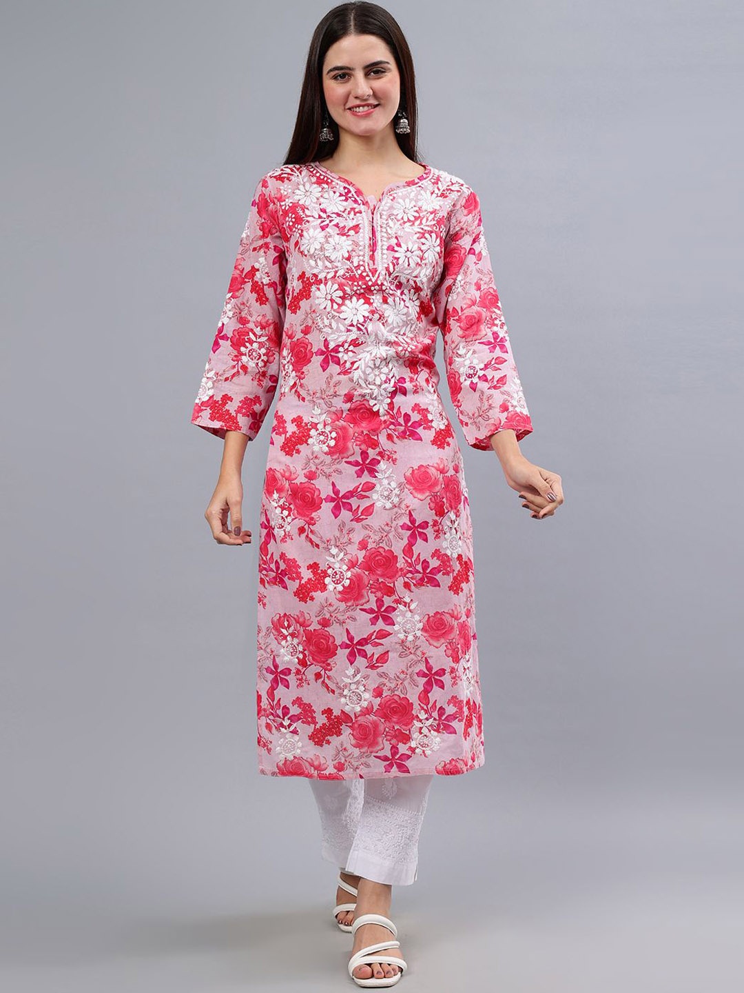 

Seva Chikan Women Pure Cotton Floral Printed Embroidered Chikankari Kurta, Pink