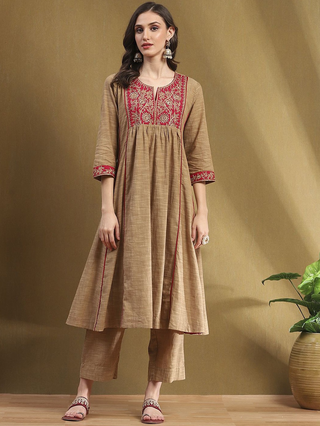 

Biba Women Yoke Design Pure Cotton Anarkali Kurta With Palazzos, Brown