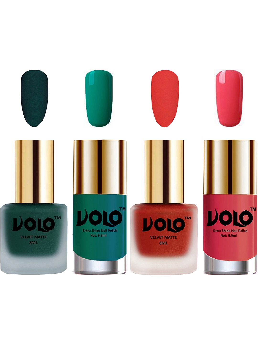 

VOLO Set Of 4 Velvet Matte & Extra Shine Nail Polish-8 ml & 9.9 ml Each Shade 12-44-26-56, Multi