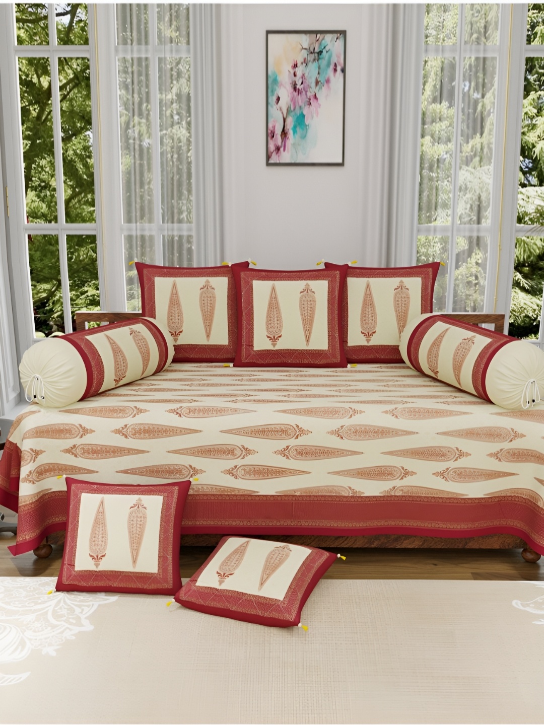 

The Craft Monk Beige & Maroon 8 Pieces Ethnic Motifs Printed Pure Cotton Diwan Set