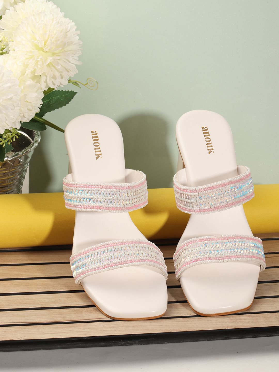 

Anouk Embellished Ethnic Block Sandals, White