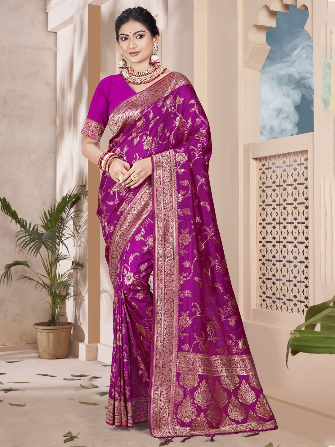 

SANGAM PRINTS Woven Design Zari Silk Blend Tussar Saree, Purple