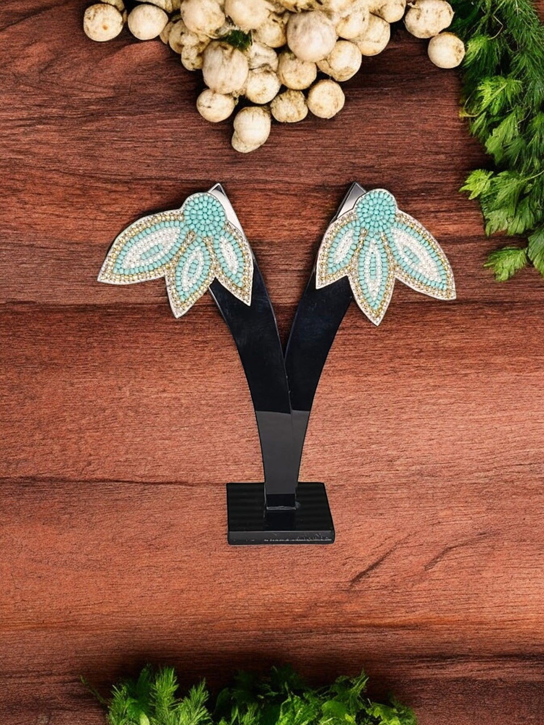 

PRIAANSHA CREATIONS Contemporary leaf beaded Earrings, Blue