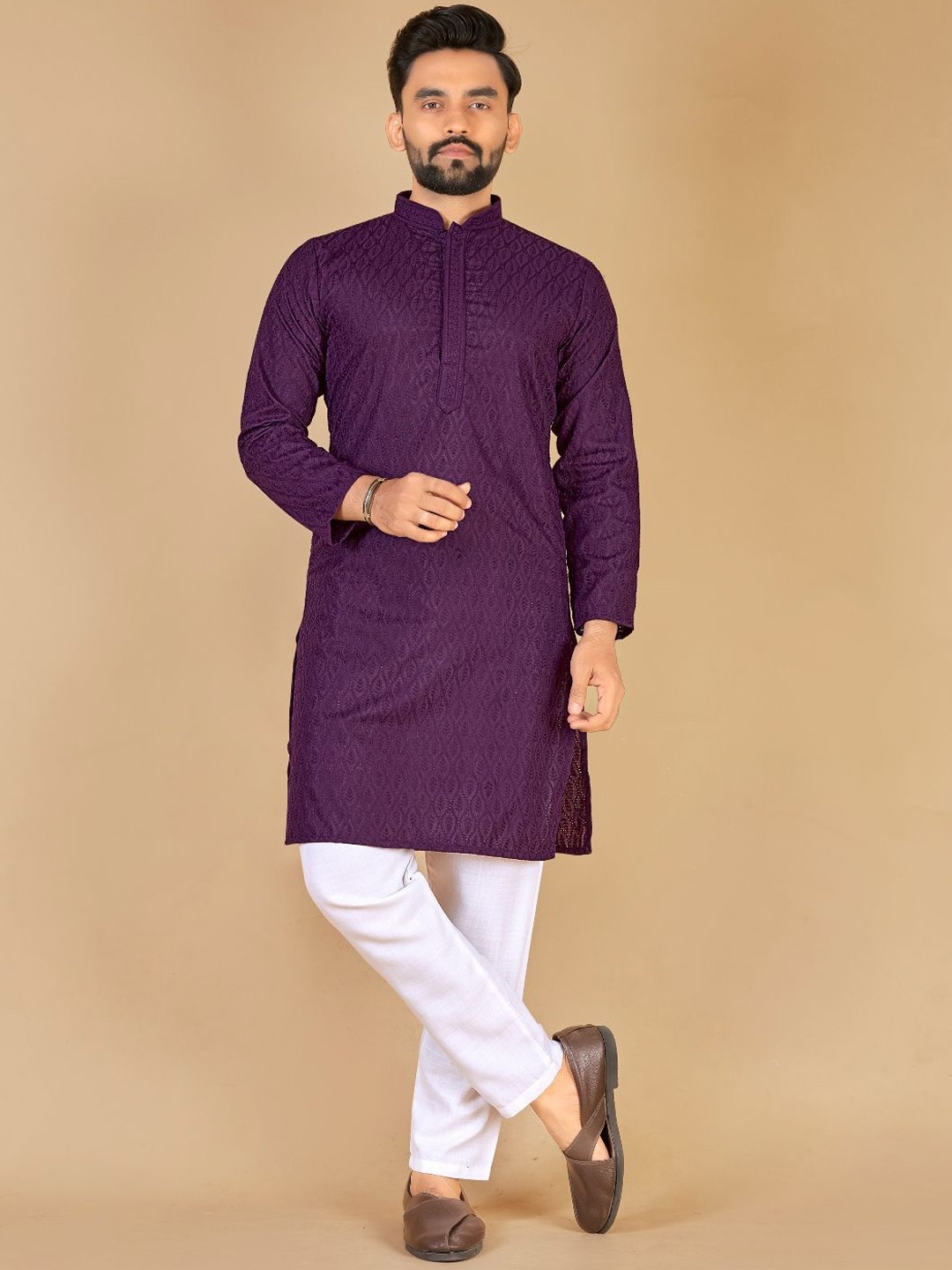 

Zurika Fashion Men Pure Cotton Chikankari Embroidered Straight Kurta, Purple