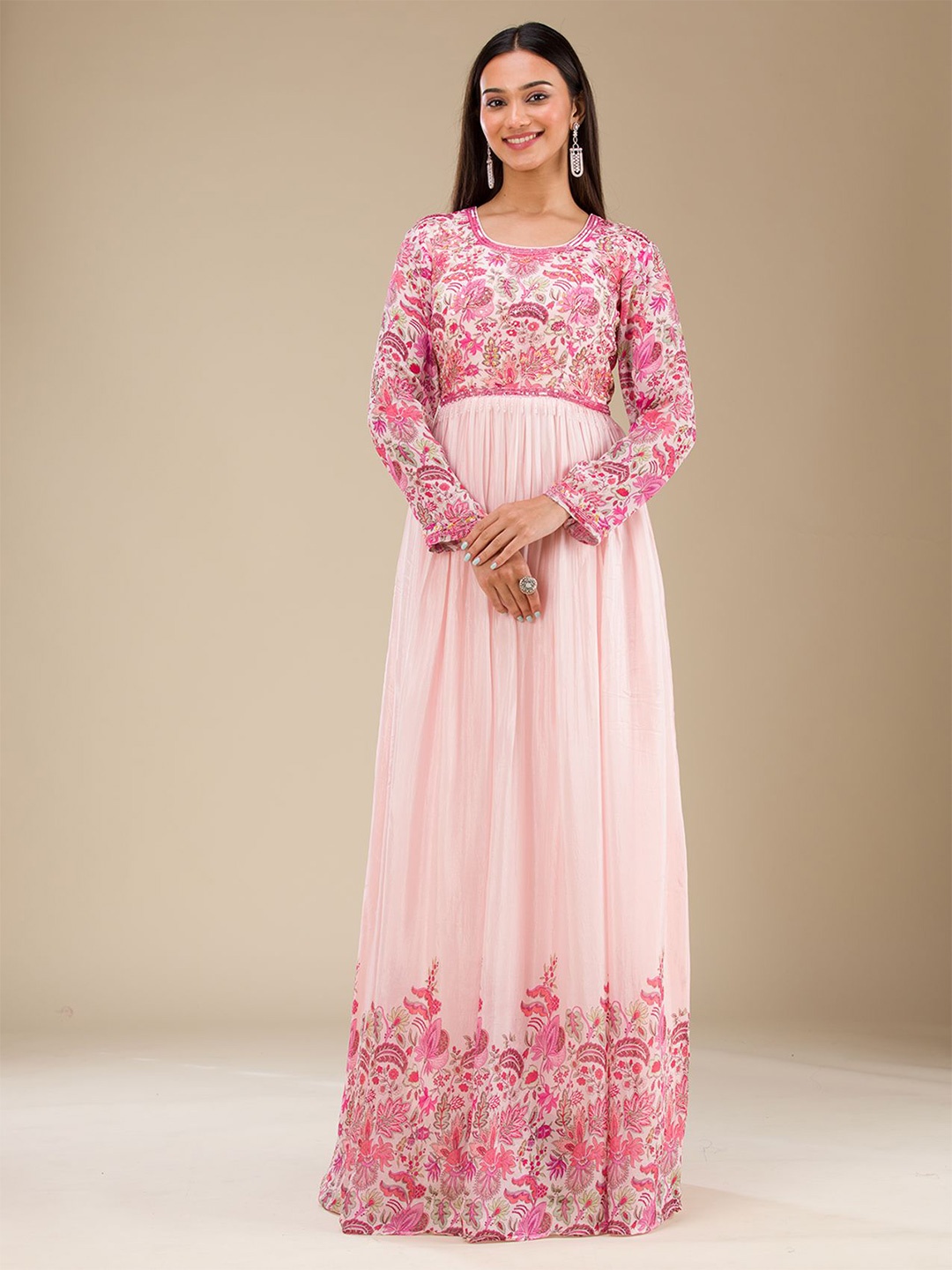 

Koskii Floral Printed Beads And Stones Anarkali Kurta With Salwar & Dupatta, Pink