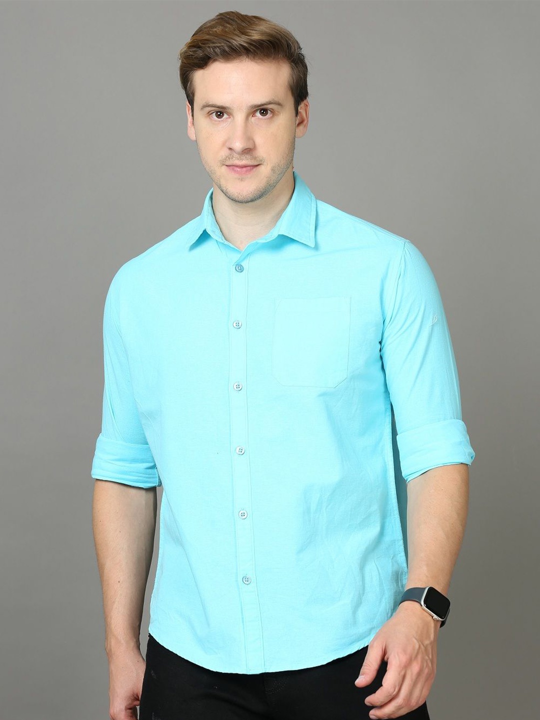 

Rope Men Classic Spread Collar Solid Cotton Slim Fit Casual Shirt, Turquoise blue