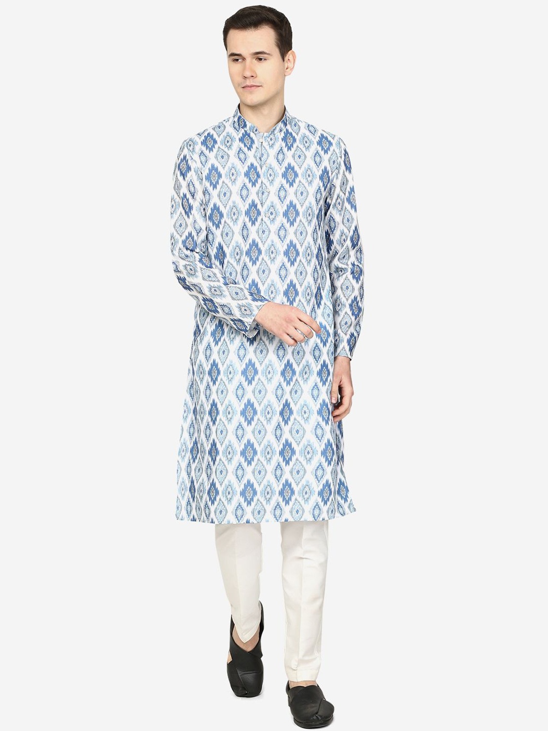 

THE KURTA COMPANY Men Geometric Printed Thread Work Kurta, Blue