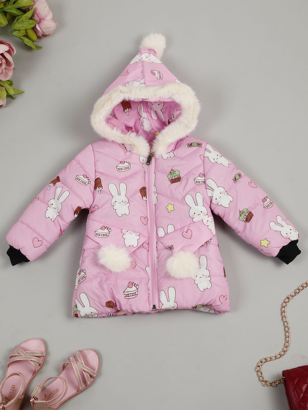 

LITTLE GINNIE Girls Printed Hooded Quilted Jacket, Pink