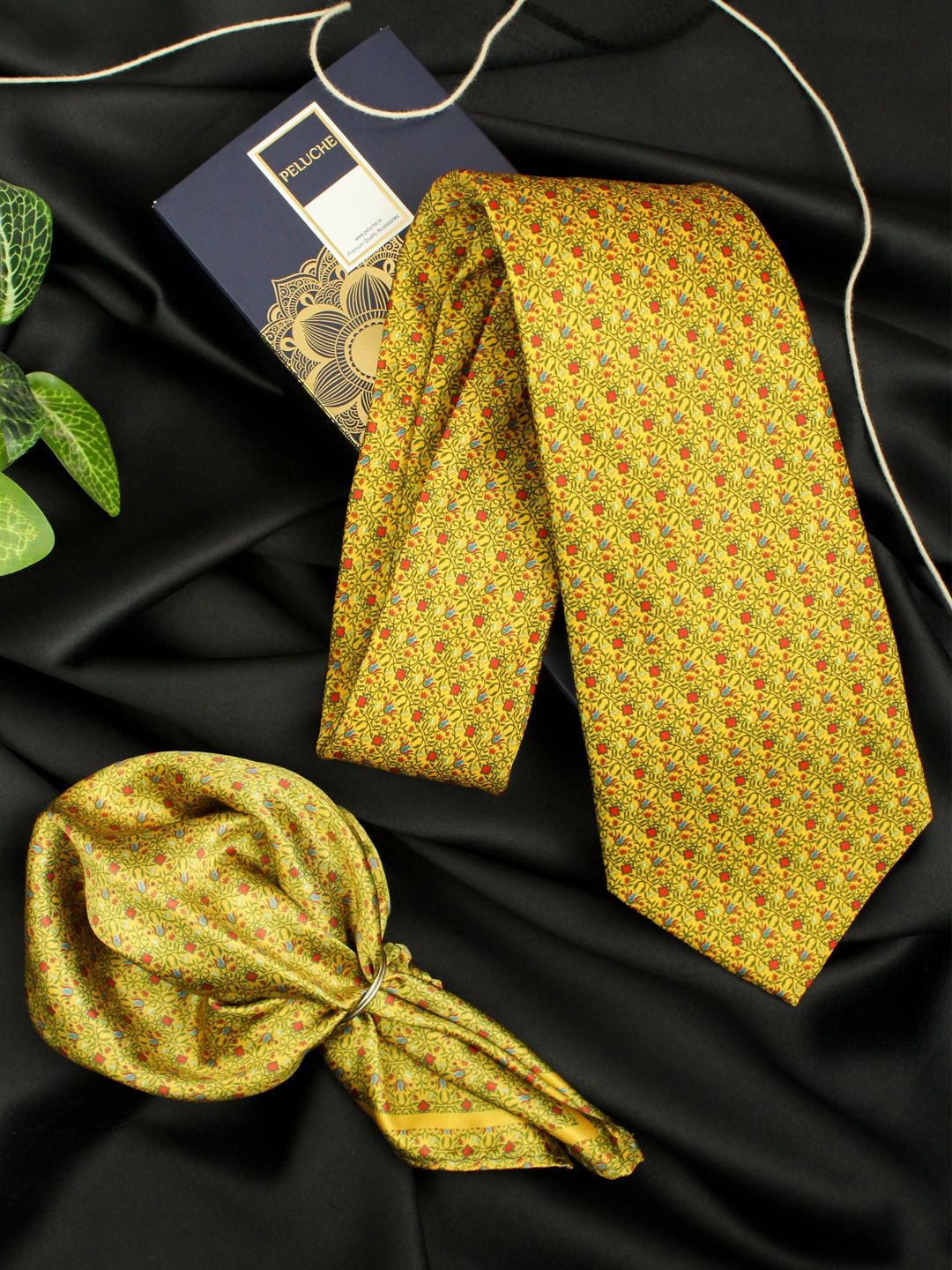 

PELUCHE Men Floral Printed Broad Neck Tie & Pocket Square Accessory Gift Set, Mustard