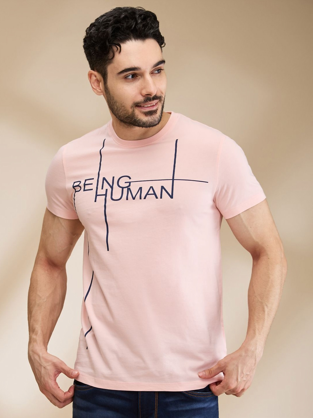 

Being Human Men Typography Printed Round Neck Cotton T-shirt, Peach