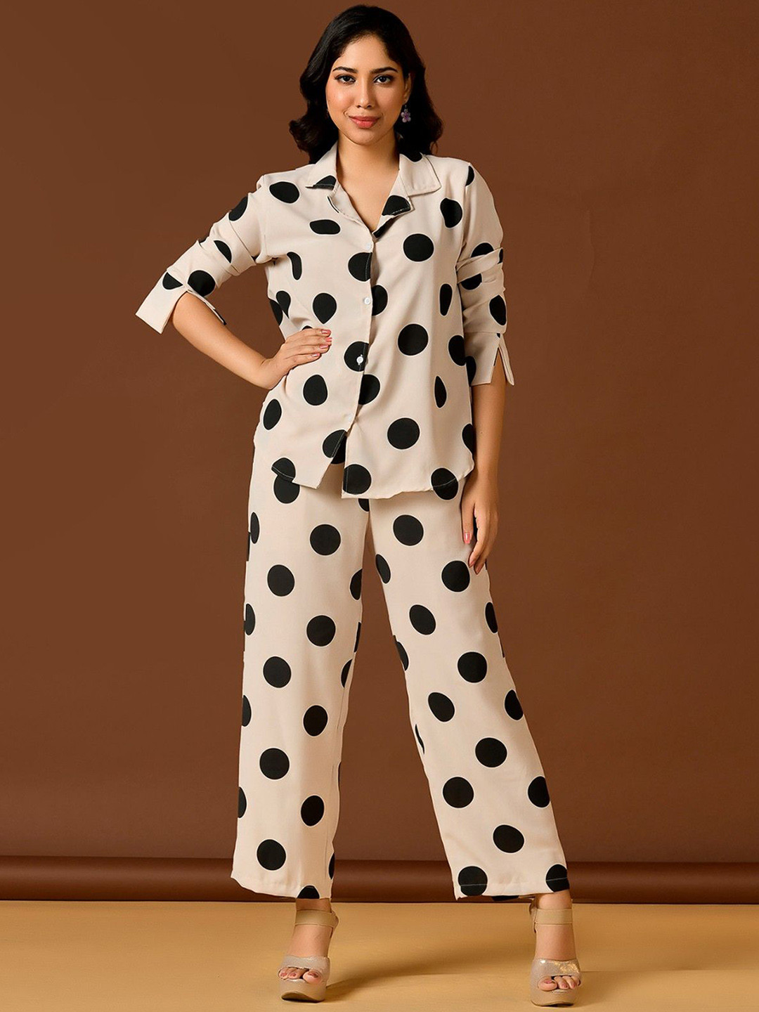 

Unityshop Women Polka Dots Shirt With Trouser Co -Ords Sets, White