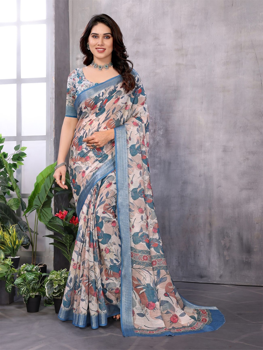 

vj fashion Floral Zari Silk Cotton Saree, Beige