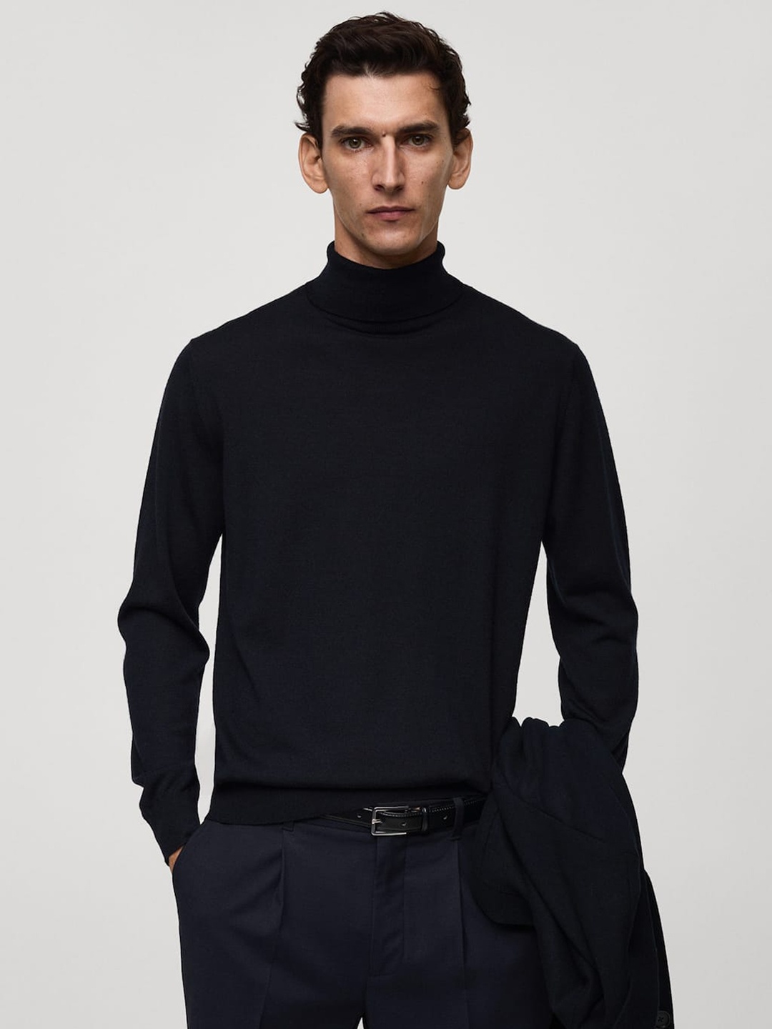 

MANGO MAN Turtle Neck Woollen Pullover, Navy blue