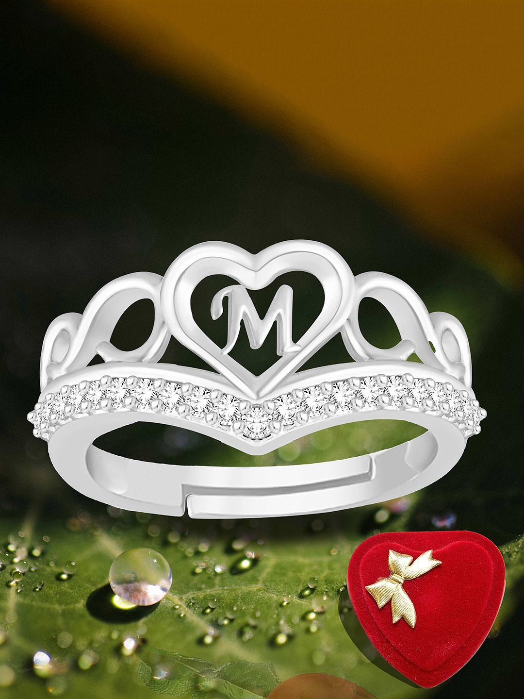 

Heer Collection Silver-Plated American Diamond Studded Alphabet M Adjustable Finger Ring