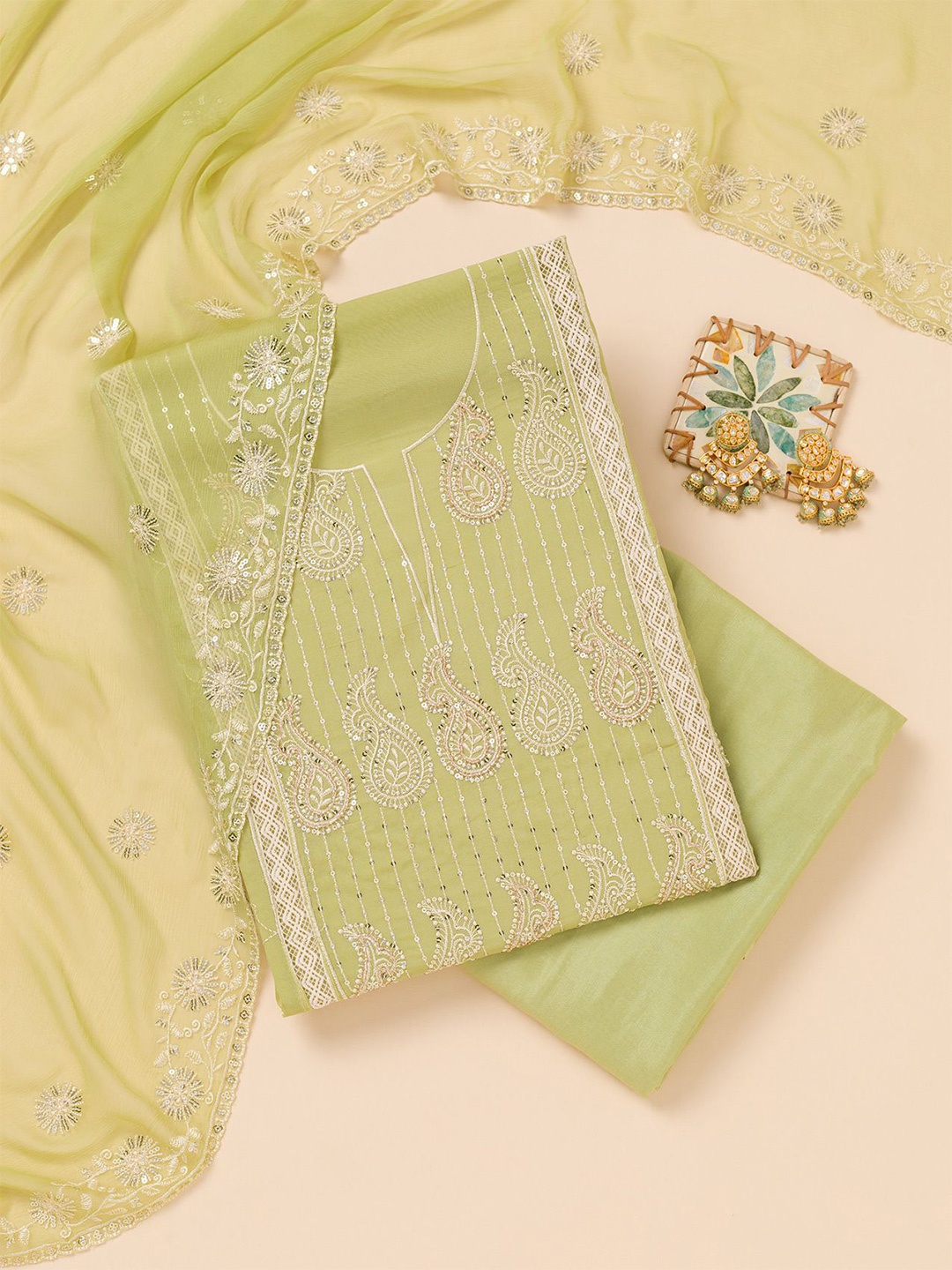 

Koskii Floral Embroidered Unstitched Dress Material, Green