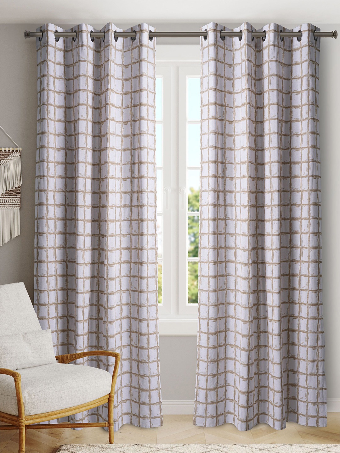

BLANC9 White & Beige 2 Pieces Geometric Black Out Door Curtain